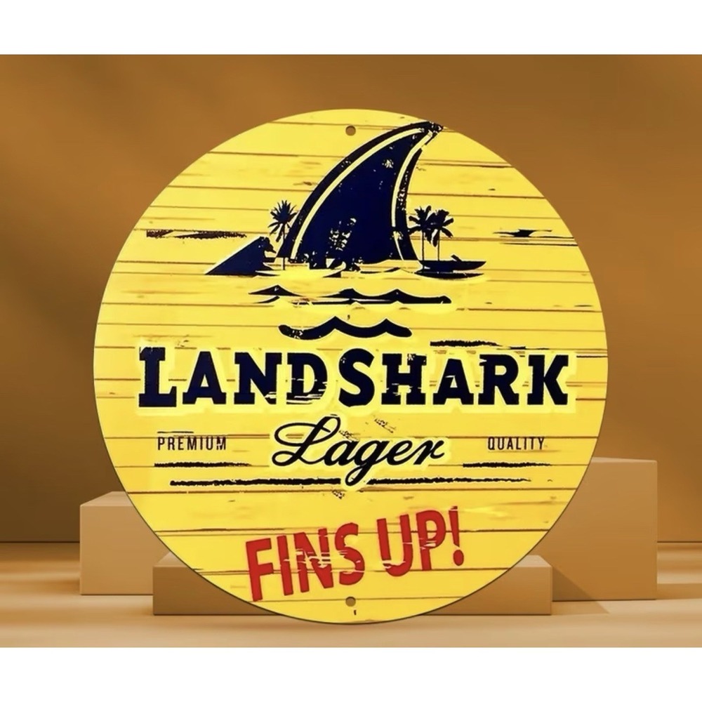 New Landshark Lager Beer 8x8 Tin Sign Round Man Cave Garage Bar Game Room Deck